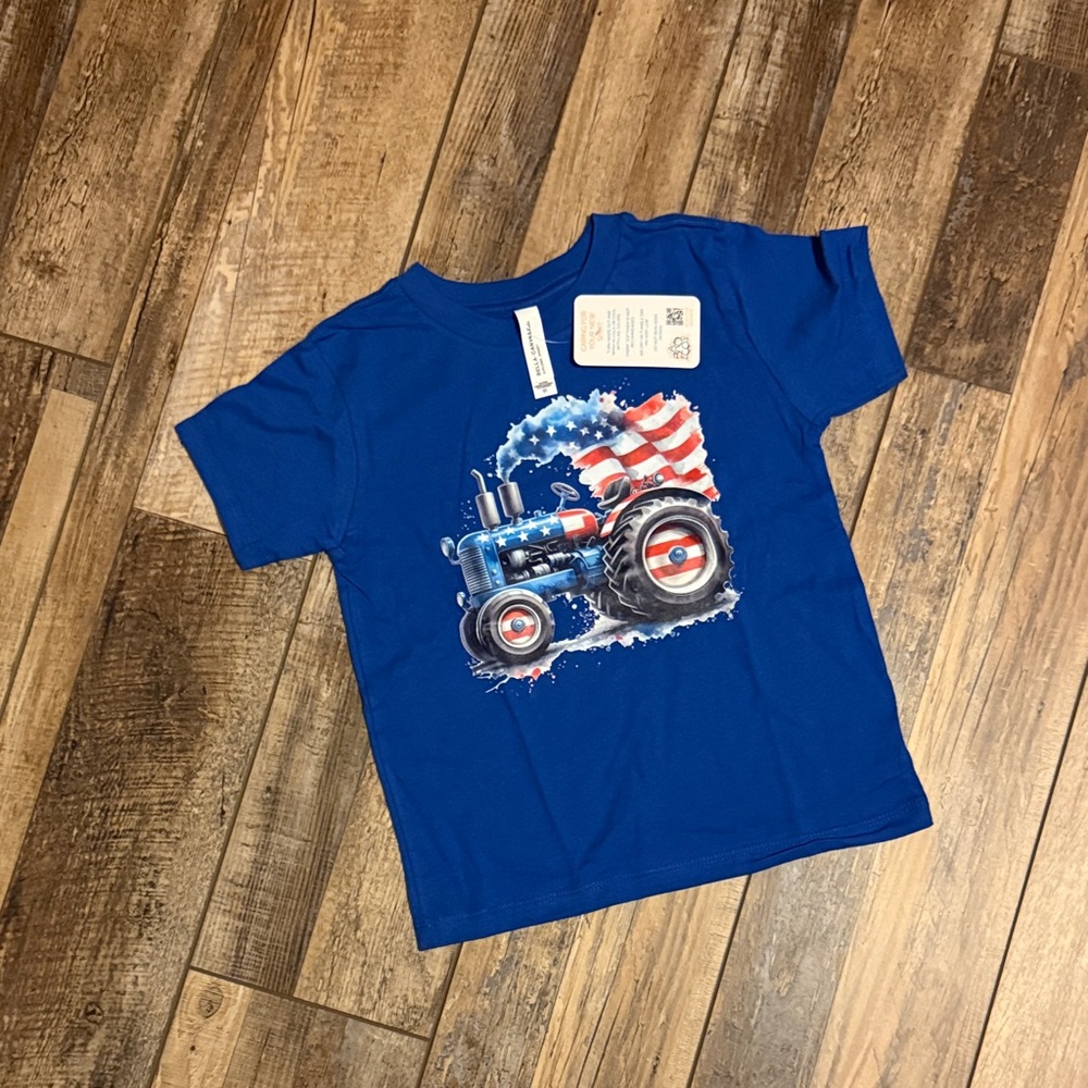 Bella Canvas Royal Blue Kids Tee with Patriotic Tractor Graphic